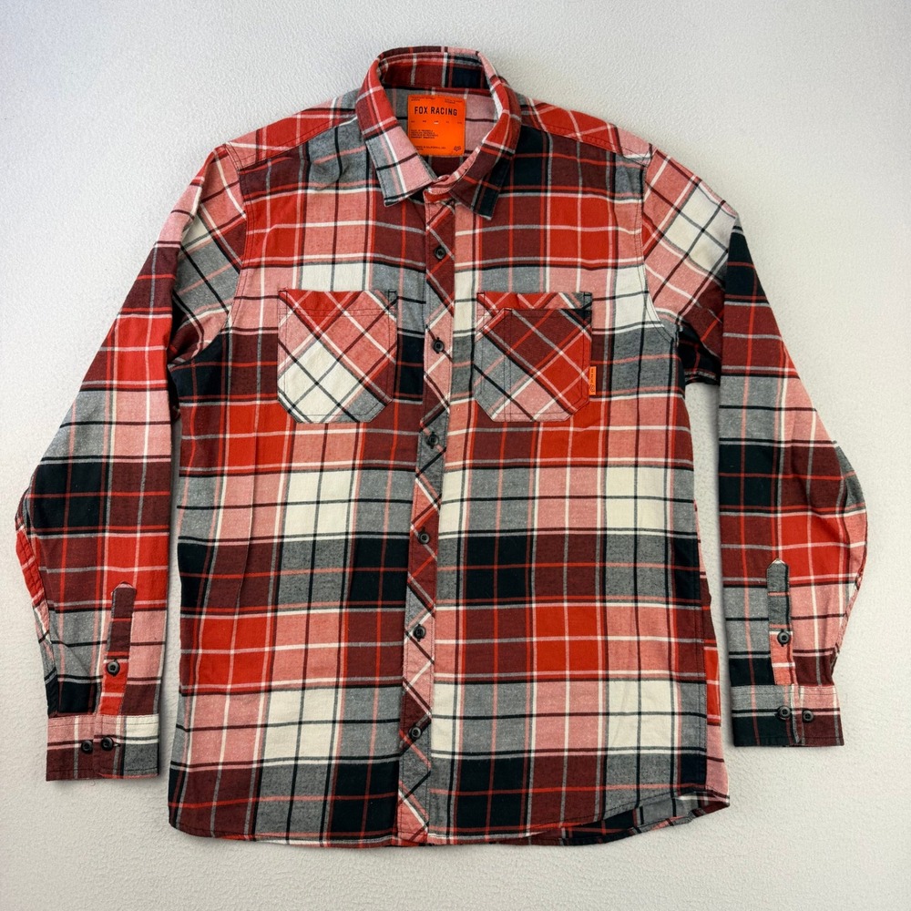 Fox Racing Flannel Shirt Mens Large Red Long‎ Sleeve Plaid Button Up MotoX BMX